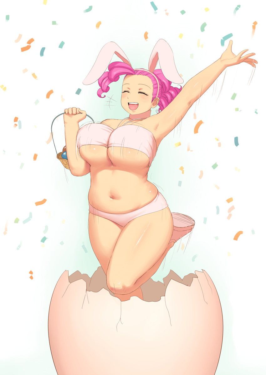 1girl animal_ears armpits basket blush bouncing_breasts bra breasts closed_eyes confetti egg huge_breasts large_breasts lvl navel open_mouth panties pink_hair pinkie_pie plump rabbit_ears smile solo under_boob underwear