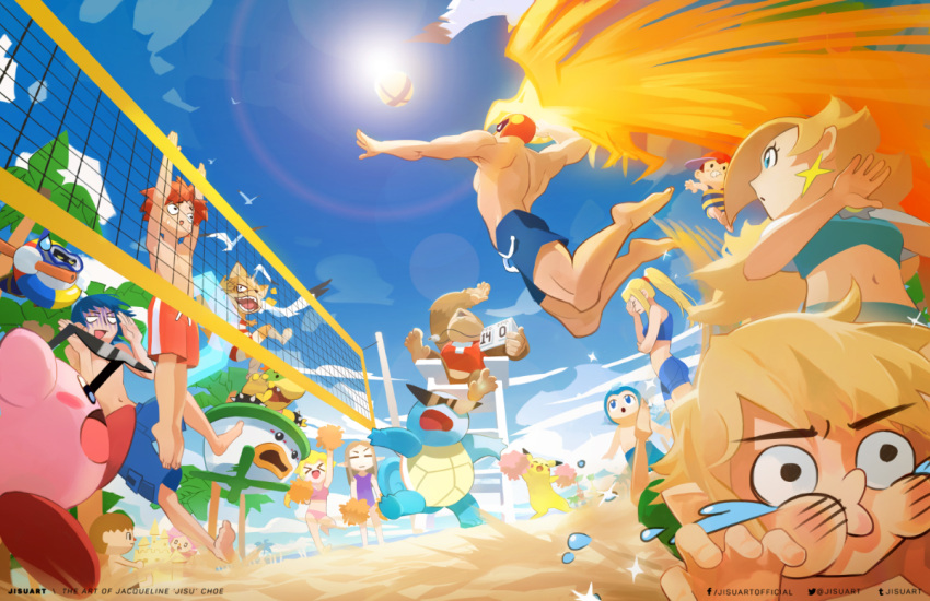 beach bikini bird bowser_jr. captain_falcon cheerleader diddy_kong donkey_kong_(series) doubutsu_no_mori f-zero fire_emblem fire_emblem:_fuuin_no_tsurugi fire_emblem:_mystery_of_the_emblem fox_mccloud glasses jisu jisuart kirby kirby_(series) lens_flare marth meta_knight metroid mother_(game) mother_2 multiple_boys multiple_girls ness nintendo palm_tree pikachu pikmin pikmin_(creature) pokemon pom_poms princess_peach princess_zelda rockman rockman_(character) rosetta_(mario) roy_(fire_emblem) samus_aran sandcastle seagull star_fox sunglasses super_mario_bros. super_mario_galaxy super_smash_bros. swimsuit the_legend_of_zelda tree villager_(doubutsu_no_mori) volleyball