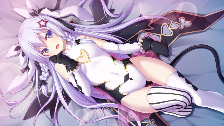 1girl black_gloves blue_eyes blush collarbone covered_navel elbow_gloves female game_cg gloves hair_ornament long_hair looking_at_viewer mismatched_legwear open_mouth sankai_ou_no_yubiwa solo sonya_(sankai_ou_no_yubiwa) symbol-shaped_pupils thigh-highs wet white_hair white_thighhighs