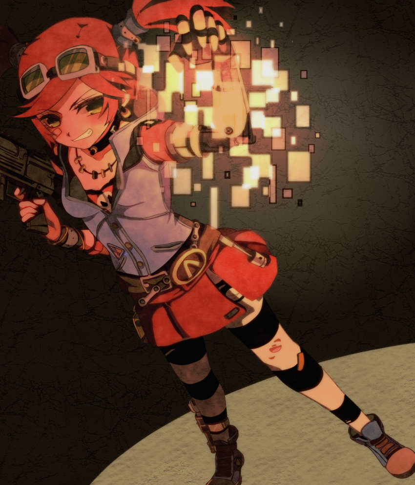 1girl bandage bandage_on_face borderlands borderlands_2 breasts choker fingerless_gloves gaige gloves goggles goggles_on_head green_eyes gun hood hoodie jacket mechanical_arm prosthesis prosthetic_arm redhead shoes skirt sleeveless smile sneakers solo striped striped_legwear teeth torn_clothes twintails weapon