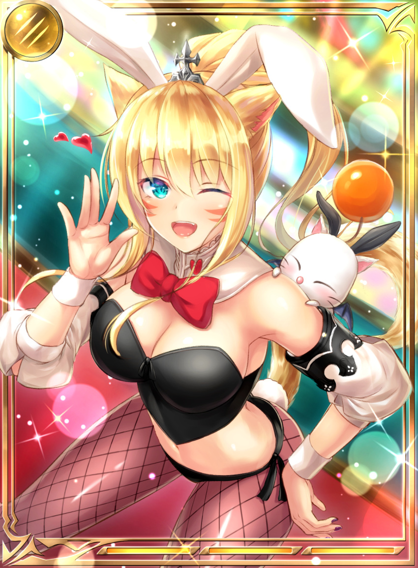 1girl animal_ears bare_shoulders blonde_hair blue_eyes breasts bunny_tail bunnysuit cat_ears cat_tail cleavage detached_collar detached_sleeves facial_mark fake_animal_ears final_fantasy final_fantasy_xiv fishnet_pantyhose fishnets highres large_breasts leaning_forward long_hair looking_at_viewer midriff miqo'te moogle nail_polish one_eye_closed open_mouth pantyhose ponytail rabbit_ears smile solo tail tiphereth wrist_cuffs