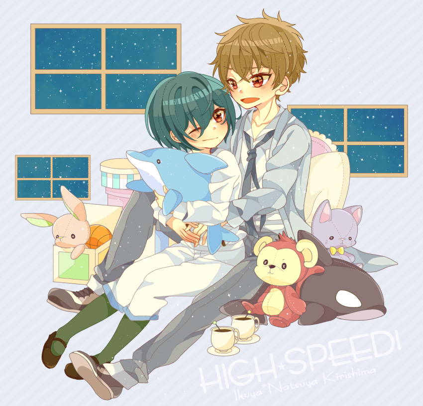 2boys brothers high_speed! kirishima_ikuya kirishima_natsuya male_focus multiple_boys sitting wink