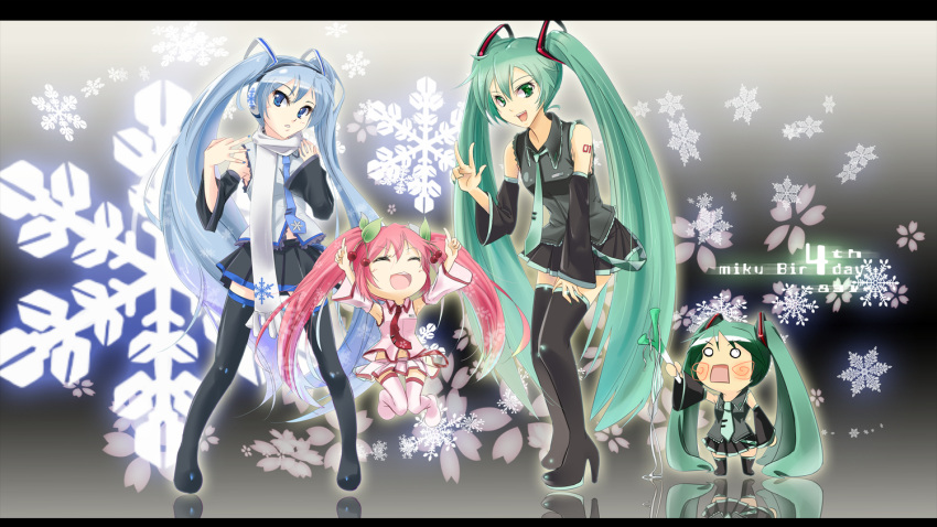 4girls blue_eyes blue_hair cherry cherry_blossoms chibi food fruit green_eyes green_hair hachune_miku hatsune_miku initial_f leek long_hair multiple_girls necktie panties pink_hair sakura_miku scarf snow striped striped_panties thigh-highs tied_hair twintails underwear vocaloid yuki_miku