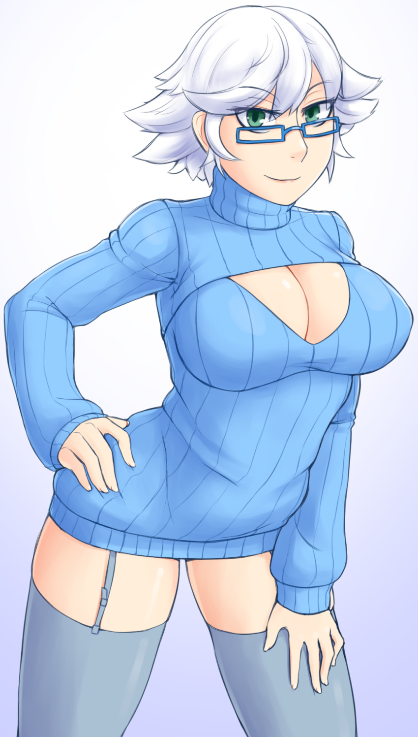 1girl breasts cleavage cleavage_cutout glasses green_eyes ittla large_breasts leaning_forward legs looking_at_viewer open-chest_sweater short_hair smile solo standing sweater thick_thighs thigh-highs white_hair wide_hips