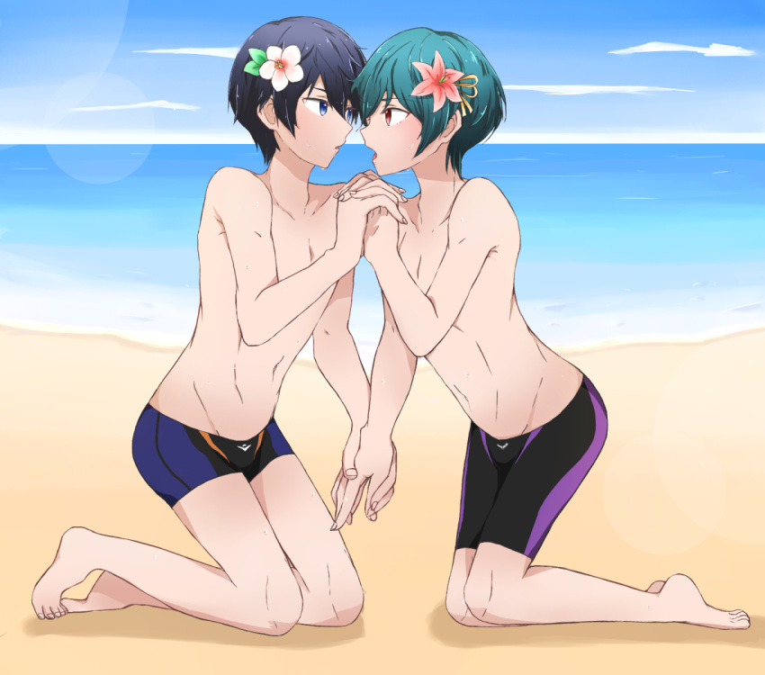 2boys flower hand_holding high_speed! kirishima_ikuya male_focus multiple_boys nanase_haruka_(free!) swim_trunks