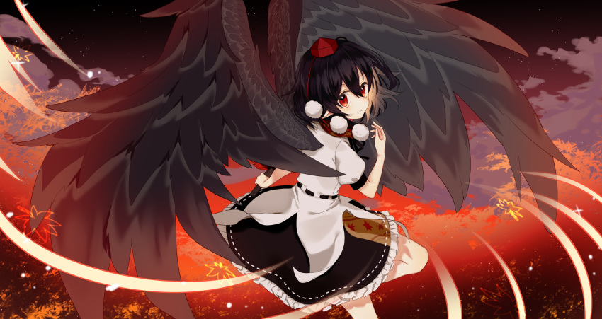 1girl autumn autumn_leaves bangs black_hair black_wings chieezuik eyebrows_visible_through_hair feathered_wings hat highres leaf looking_at_viewer maple_leaf outdoors puffy_short_sleeves puffy_sleeves red_background red_eyes scarf shameimaru_aya shirt short_hair short_sleeves skirt smile solo tokin_hat touhou wings