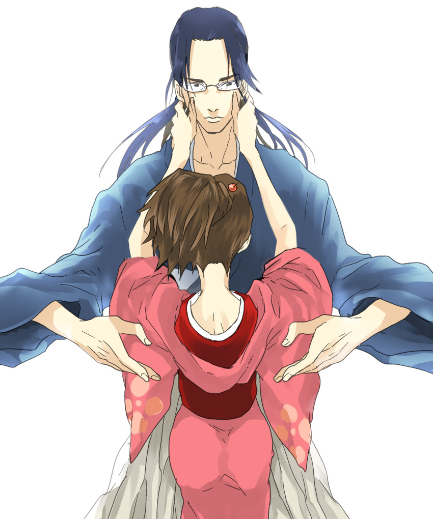 1boy 1girl bangs black_hair brown_hair fuu glasses japanese_clothes jin kimono long_hair parted_bangs samurai_champloo simple_background tagme white_background