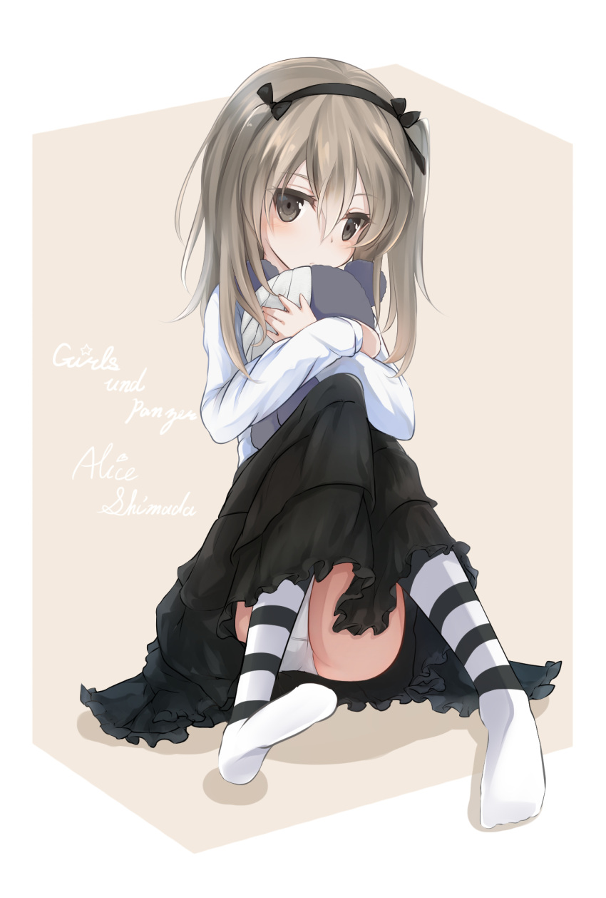 1girl black_dress brown_eyes brown_hair dress girls_und_panzer hairband highres hug knees_together_feet_apart long_hair mitsukii panties ribbon shimada_arisu shirt side_ponytail sitting solo striped striped_legwear stuffed_animal stuffed_toy teddy_bear thigh-highs underwear upskirt white_panties