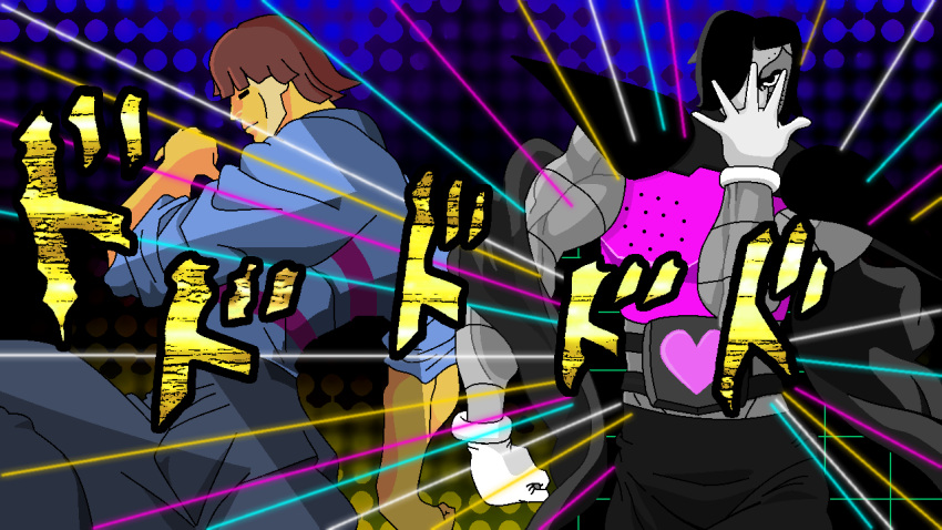 2boys commentary frisk_(undertale) jojo_no_kimyou_na_bouken jojo_pose mettaton mettaton-ex mettaton_ex multiple_boys novaphyer parody pose undertale