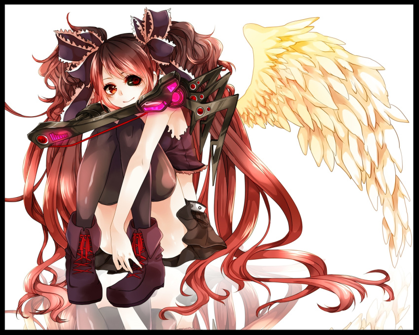 1girl bacterial_contamination bent_knees boots conomi-c5 female highres karune_ca long_hair red_eyes redhead sitting smile solo thigh-highs twintails vocaloid wings