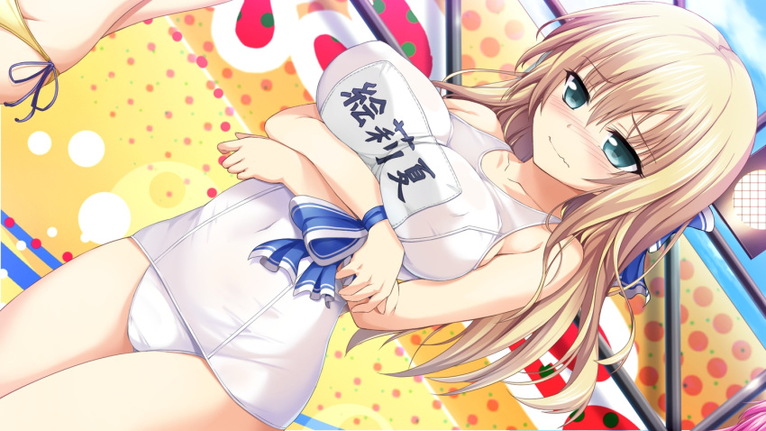 1girl aqua_eyes bare_shoulders blonde_hair blush bow breast_hold breasts erect_nipples female game_cg harukaze-soft highres large_breasts long_hair love_of_ren'ai_koutei_of_love! ootori_erika oozora_itsuki ribbons school_swimsuit solo swimsuit wristwear