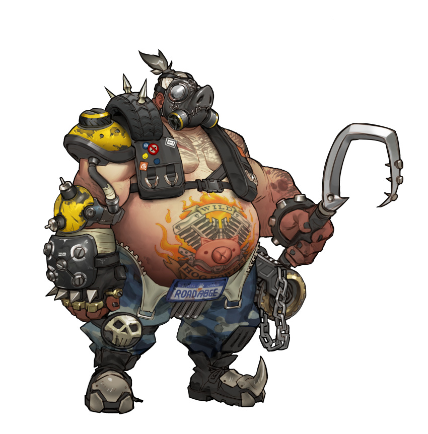 1boy arnold_tsang chains english fat fat_man fingerless_gloves full_body gas_mask gloves highres huge_filesize male_focus official_art overwatch roadhog_(overwatch) shirtless simple_background single_glove skull solo spikes standing tattoo tire transparent_background weapon white_hair