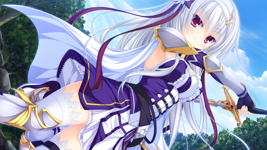 armor blush bow cape clouds game_cg grey_hair justy_x_nasty leaves long_hair mikagami_mamizu onose_mana red_eyes ribbons sword thigh-highs tree weapon whirlpool zettai_ryouiki