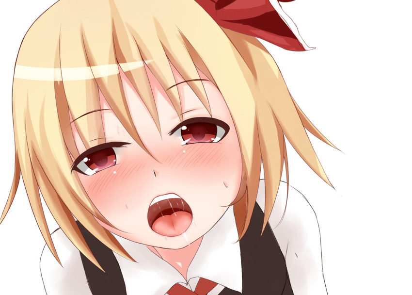 1girl blonde_hair bow hyaa looking_at_viewer open_mouth red_eyes rumia saliva short_hair simple_background touhou white_background