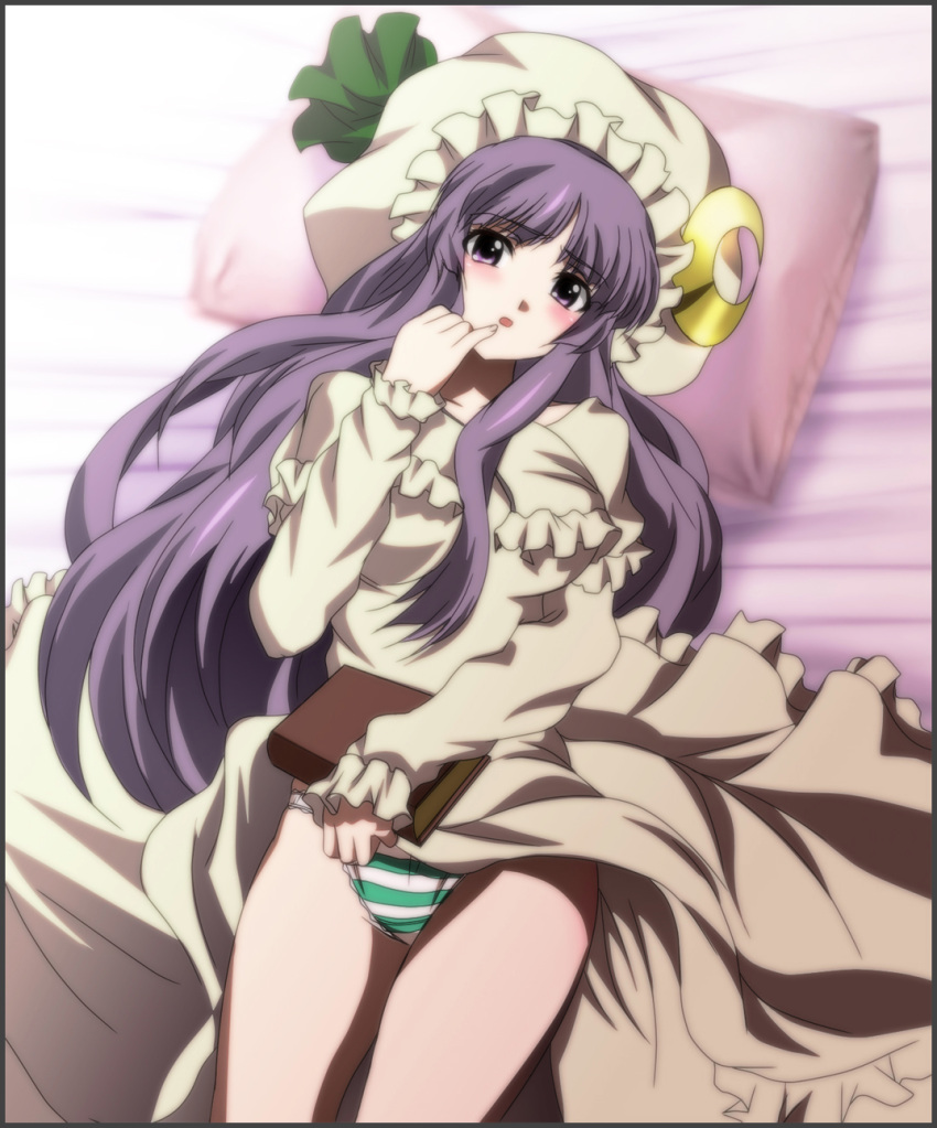 1girl bed blush book breasts dress eyebrows eyebrows_visible_through_hair hat highres holding large_breasts legs long_hair long_sleeves looking_at_viewer lying on_back on_bed panties parted_lips patchouli_knowledge pillow purple_hair solo striped striped_panties thighs touhou underwear violet_eyes yadokari_genpachirou