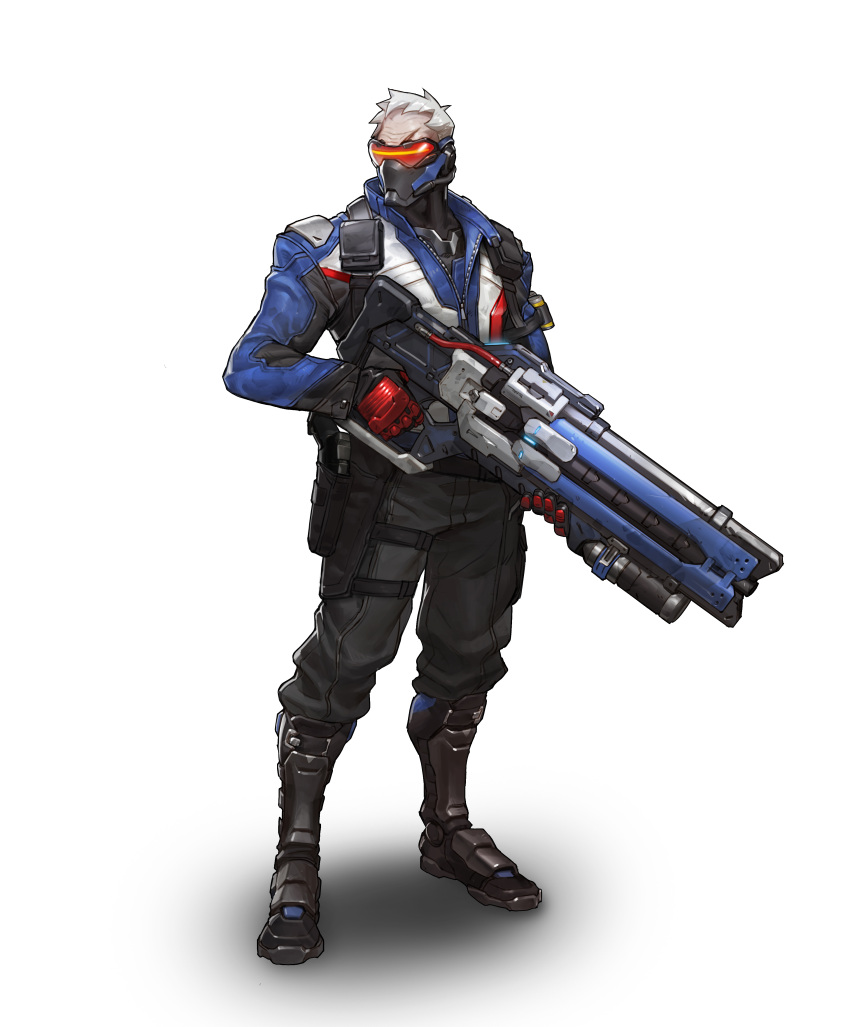 1boy absurdres arnold_tsang boots full_body gloves gun highres jacket male_focus mask official_art overwatch red_gloves simple_background soldier:_76_(overwatch) solo standing weapon white_background white_hair