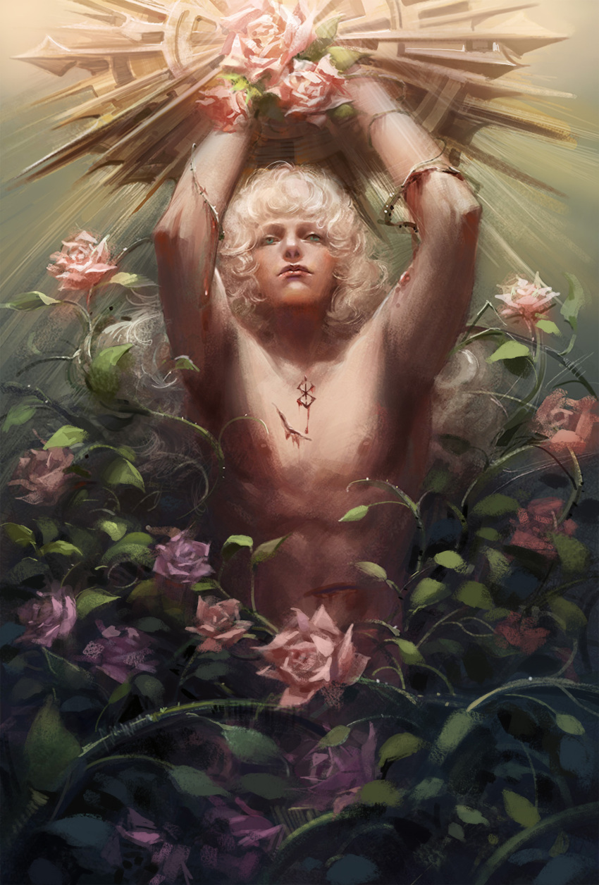 1boy 90s albino androgynous arms_up berserk blood blue_eyes flower griffith leaves long_hair male_focus nipples nude realistic rose scratch solo thorns wavy_hair white_hair