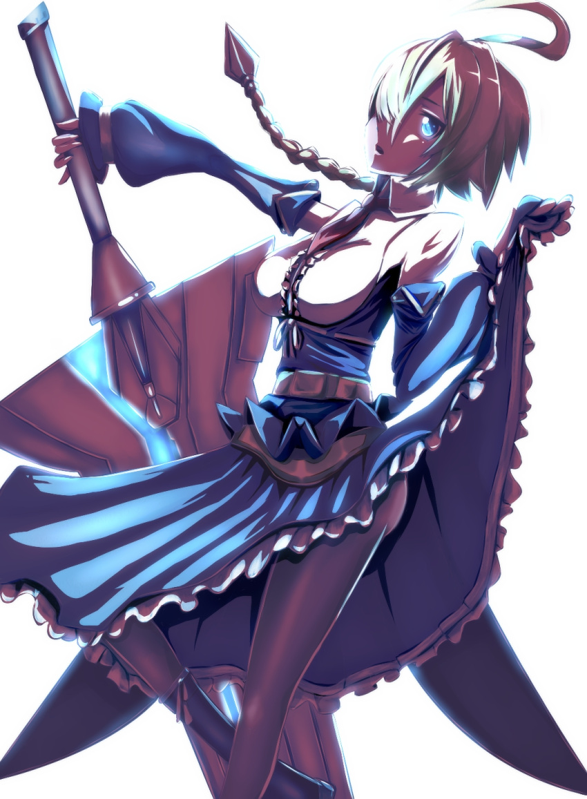 1girl ahoge arc_system_works artist_request belts blazblue blazblue:_central_fiction blonde_hair blue_dress blue_eyes boots braid breasts dress dress_lift es_(xblaze_code:_embryo) glowing glowing_eye hair_over_one_eye large_breasts long_hair looking_at_viewer open_mouth pantyhose ponytail simple_background single_braid sword weapon white_background xblaze_code:_embryo