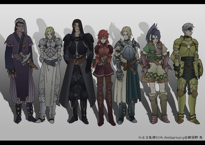 2girls 3boys armor armored_dress blonde_hair blue_eyes brown_hair elmina_niet full_body garrett_stampede ghost_in_the_shell ghost_in_the_shell_lineup ghost_in_the_shell_stand_alone_complex gloves gradient gradient_background highres jack_van_burace letterboxed lineup long_hair multiple_boys multiple_girls parody short_hair tomino_(kaeru_kyuubin) wild_arms wild_arms_1