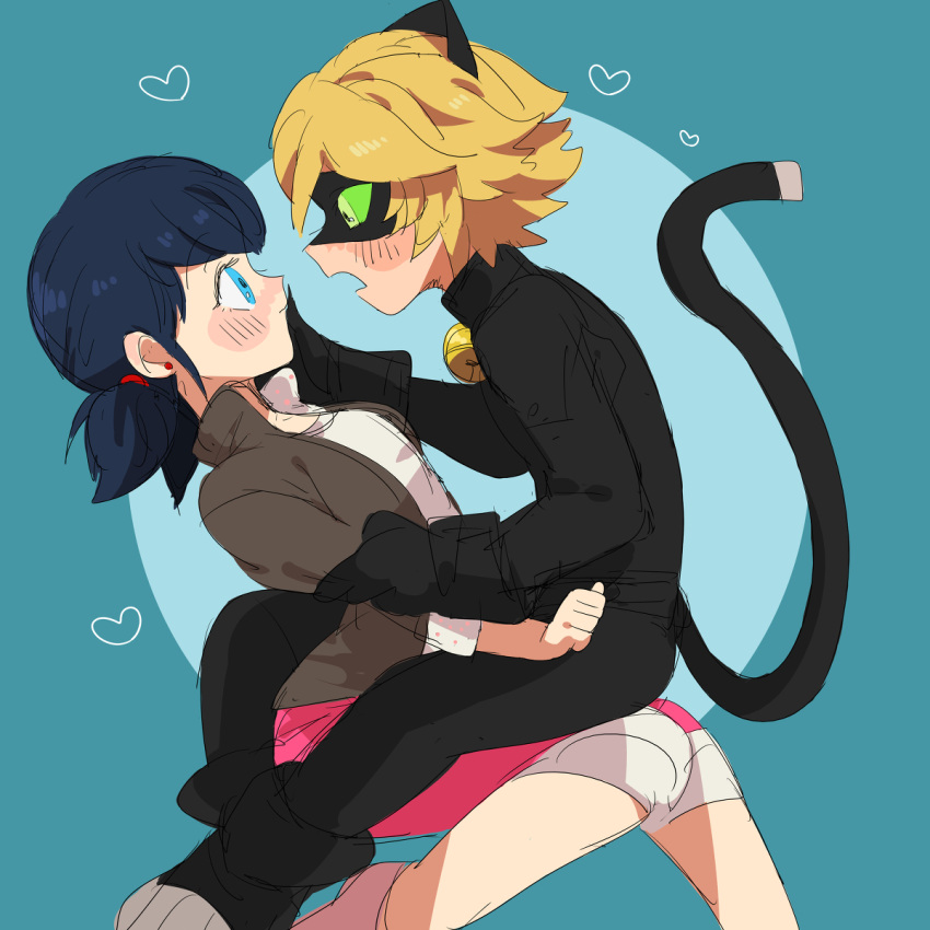 1boy 1girl adrien_agreste aoi_(ao1yui) arm_grab bell blonde_hair blue_background blue_eyes blue_hair blush bodysuit cat_ears chat_noir fake_animal_ears finger_to_mouth from_side green_eyes green_sclera hand_on_another's_face heart marinette_dupain-cheng miraculous_ladybug open_mouth short_twintails simple_background sitting sitting_on_lap sitting_on_person twintails
