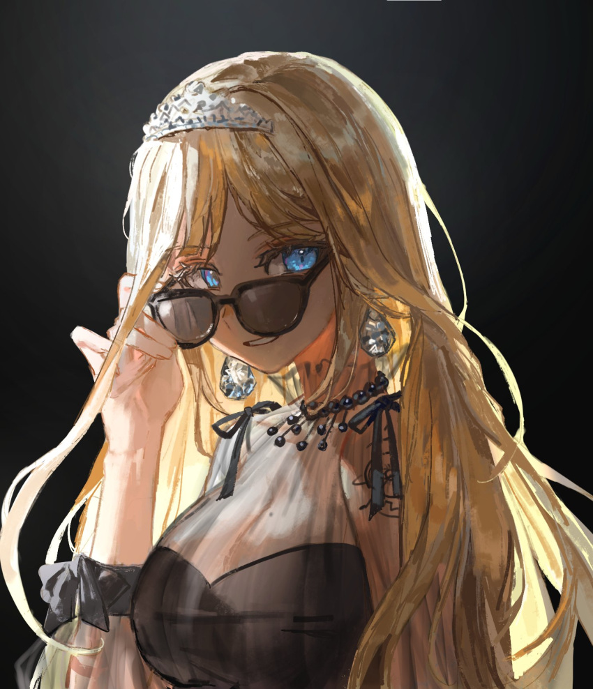 1girl black_dress blonde_hair blue_eyes breasts dress earrings eyebrows_visible_through_hair hand_on_eyewear highres hololive hololive_english jewelry long_hair looking_at_viewer mole mole_on_breast necklace official_alternate_costume quasarcake see-through_silhouette solo sunglasses tiara upper_body virtual_youtuber watson_amelia