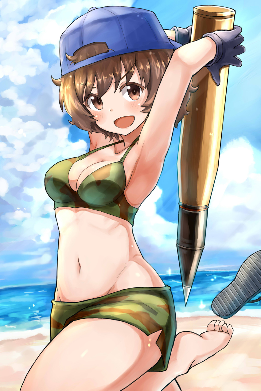 1girl absurdres akiyama_yukari armpits arms_up backwards_hat bangs bare_shoulders barefoot beach bikini blue_hat blush breasts brown_eyes brown_hair camouflage camouflage_bikini cleavage clouds cloudy_sky cowboy_shot eyebrows eyebrows_visible_through_hair girls_und_panzer gloves hat highres holding looking_at_viewer navel okitsugu open_mouth oversized_object sandals sandals_removed shiny shiny_skin short_hair sky solo stomach strap_gap swimsuit tank_shell water