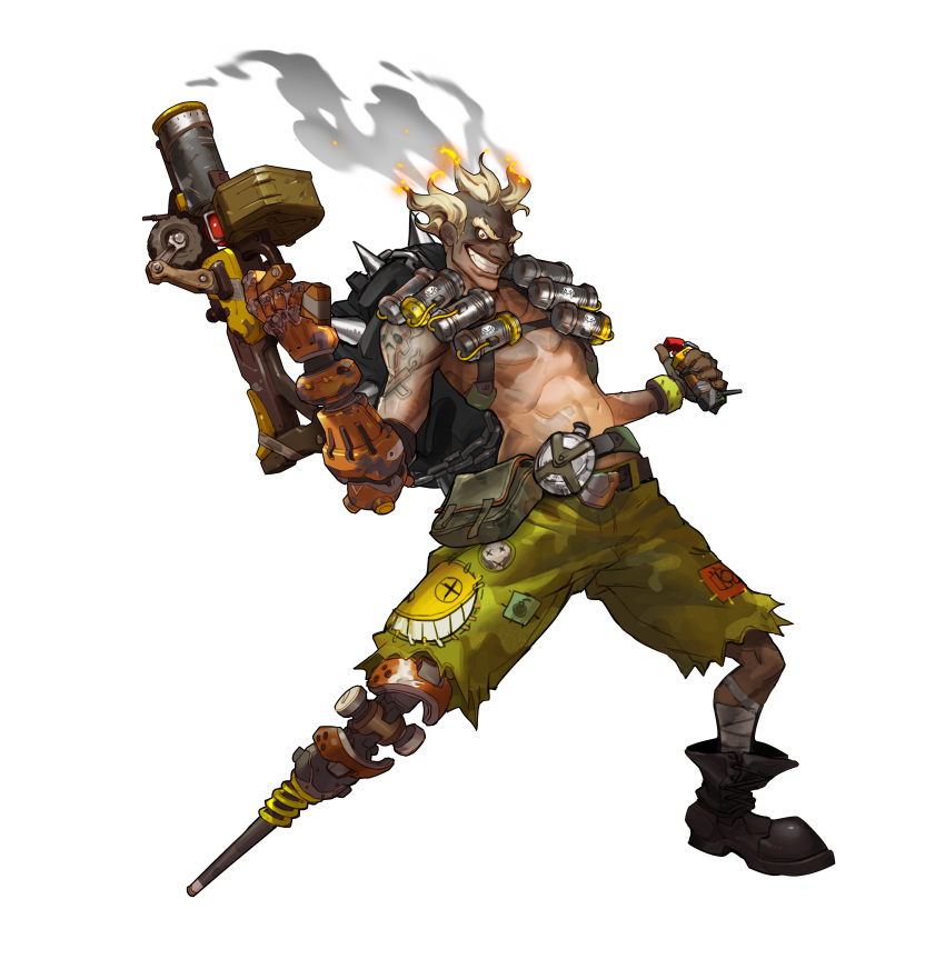 1boy absurdres alpha_transparency arnold_tsang blonde_hair boots chains dynamite eyebrows fingerless_gloves full_body gloves grin gun highres junkrat_(overwatch) male_focus mechanical_arm official_art overwatch peg_leg shirtless simple_background skull_and_crossbones smile smoke solo tattoo thick_eyebrows transparent_background weapon