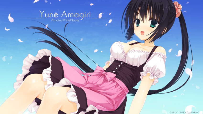 1girl amagiri_yune amairo_islenauts black_hair dress female green_eyes highres long_hair muririn open_mouth petals ponytail solo yuzu-soft