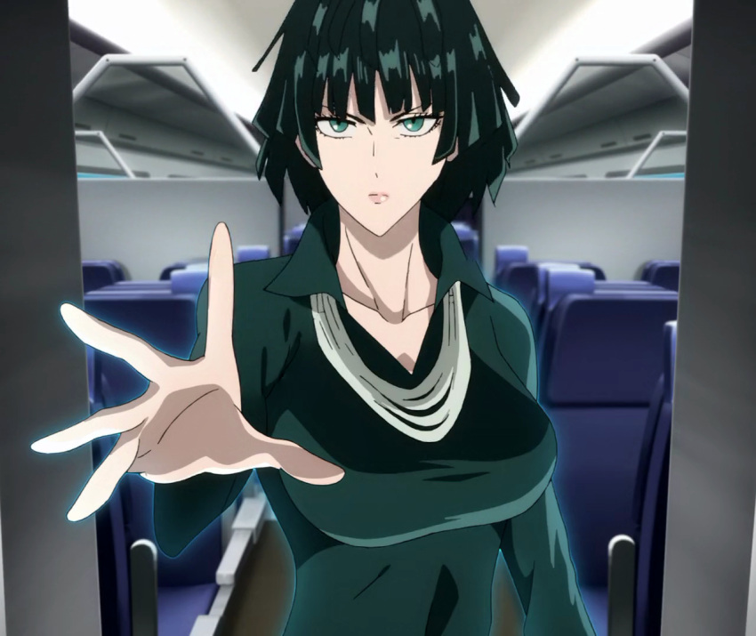 1girl black_hair breasts fubuki_(one-punch_man) green_eyes large_breasts one-punch_man solo standing stitched