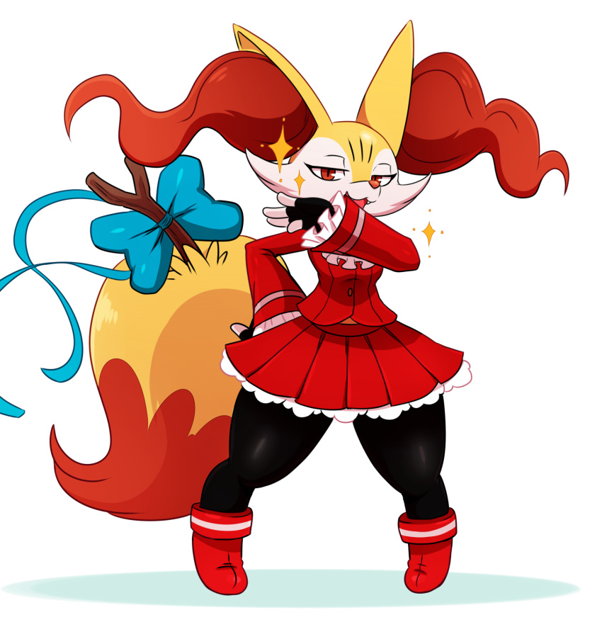 1girl bow braixen cosplay eric_lowery fang fingerless_gloves gloves half-closed_eyes highres kanzuki_karin kanzuki_karin_(cosplay) laughing looking_at_viewer ojou-sama_pose open_mouth pokemon red_eyes simple_background skirt solo sparkle standing stick street_fighter street_fighter_v tail thick_thighs thighs white_background wide_hips