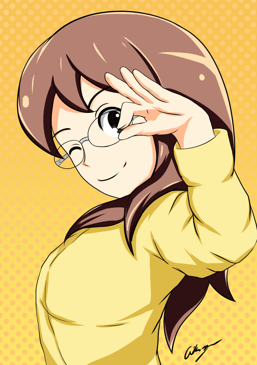 1girl absurdres aikiyun black_eyes brown_hair glasses gradient gradient_background highres keita's_mother long_hair looking_at_viewer one_eye_closed orange_background smile solo upper_body yellow_background youkai_watch