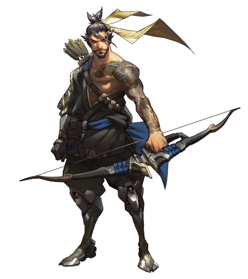 1boy absurdres arm_out_of_sleeve arnold_tsang arrow beard black_hair boots bow_(weapon) cyborg facial_hair frown full_body hanzo_(overwatch) highres male_focus official_art overwatch quiver seigaiha simple_background solo standing tattoo transparent_background weapon