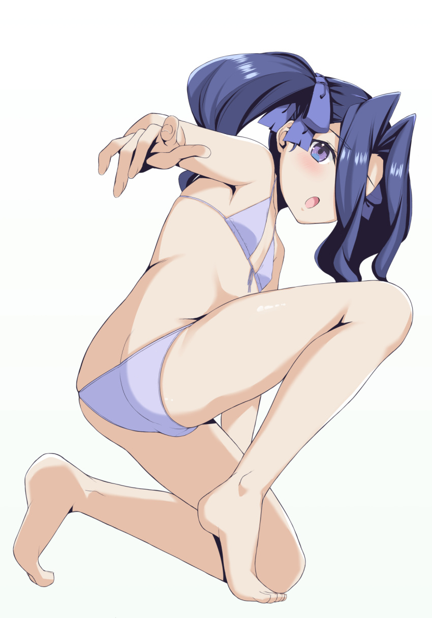 1girl arm_up armpits ass barefoot bikini blue_bikini blush breasts butt_crack feet from_behind hair_intakes highres knee_up legs long_hair looking_back melty_q_melromarc nekokyun one_knee open_mouth purple_hair ribbon simple_background small_breasts soles solo swimsuit tate_no_yuusha_no_nariagari thighs toes twintails violet_eyes white_background