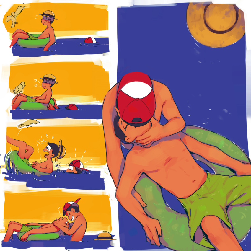 2boys backwards_hat baeapa baseball_cap bird black_hair brothers comic hat incest innertube kiss matsuno_choromatsu matsuno_osomatsu multiple_boys osomatsu-kun osomatsu-san siblings silent_comic straw_hat swim_trunks swimsuit yaoi yellow_sky