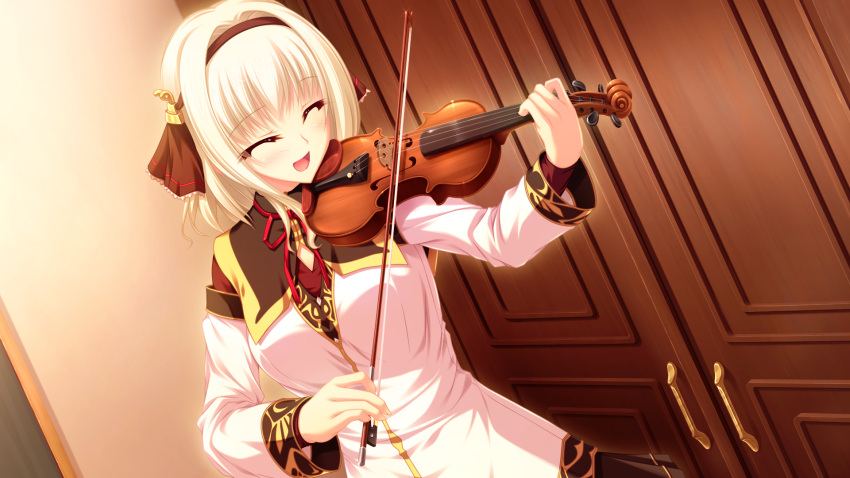 1girl closed_eyes cynthia_orlando game_cg highres instrument ribbons ryuuyoku_no_melodia short_hair tenmaso uniform violin whirlpool white_hair