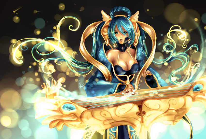 1girl alternate_costume blue_eyes blue_hair breasts chinese_clothes cleavage detached_collar hagoromo hair_between_eyes hair_rings hannah_santos highres instrument league_of_legends lips long_hair nail_polish shawl solo sona_buvelle twintails very_long_hair wide_sleeves
