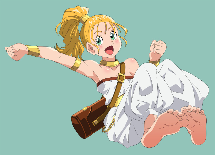 1girl 90s :d armband bare_shoulders barefoot blonde_hair blush bracelet choker chrono_trigger collarbone feet green_eyes highres jewelry kuroi_ohagi long_hair marle open_mouth pants ponytail simple_background smile soles solo toes