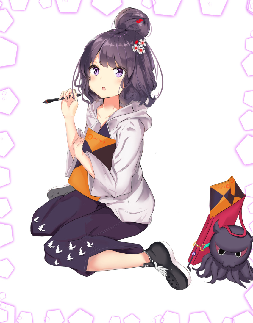 1girl :o animal bangs black_footwear black_shorts blush collarbone commentary_request fate/grand_order fate_(series) flower hair_bun hair_flower hair_ornament hands_up highres holding holding_stylus hood hood_down hoodie katsushika_hokusai_(fate/grand_order) long_sleeves looking_at_viewer octopus open_mouth purple_hair shoes shorts sitting solo stylus violet_eyes wariza white_background white_flower white_hoodie wide_sleeves yukaa
