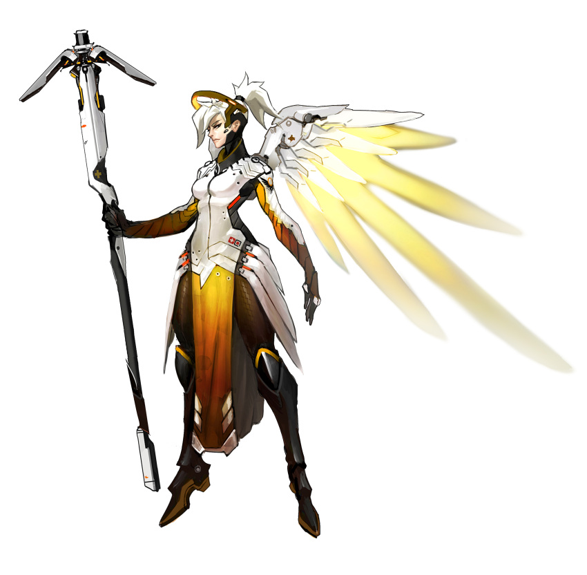 1girl absurdres alpha_transparency arnold_tsang black_eyes breasts floating full_body high_ponytail highres mechanical_halo mechanical_wings mercy_(overwatch) official_art overwatch pelvic_curtain simple_background solo staff transparent_background white_hair wings