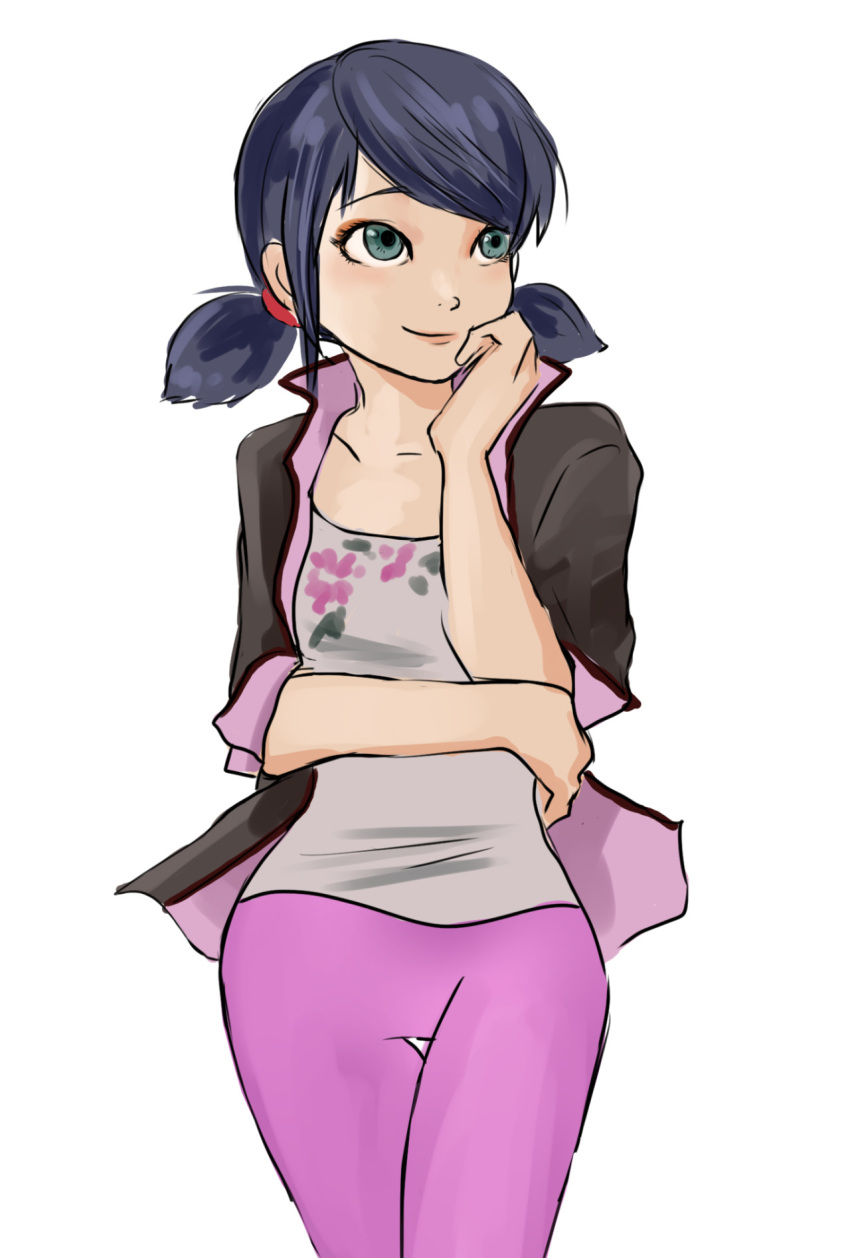 1girl blue_hair fashion flat_chest green_eyes hayame_(m_ayame) highres low_twintails marinette_dupain-cheng miraculous_ladybug short_twintails smile solo thigh_gap twintails