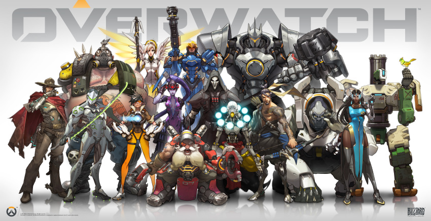 10boys 5girls absurdres adjusting_glasses arnold_tsang bastion_(overwatch) bird bird_on_hand black_hair black_legwear blonde_hair boots bow_(weapon) cape center_opening cigar copyright_name cowboy_hat dark_skin everyone eyepatch gas_mask genji_(overwatch) glasses gorilla gun hammer hanzo_(overwatch) hat highres holster hood huge_filesize incredibly_absurdres long_hair mask mccree_(overwatch) mercy_(overwatch) multiple_boys multiple_girls nail_polish official_art overwatch pharah_(overwatch) power_armor purple_hair purple_skin quiver reaper_(overwatch) reinhardt_(overwatch) roadhog_(overwatch) robot standing sword symmetra_(overwatch) tattoo thigh-highs thigh_boots torbjorn_(overwatch) tracer_(overwatch) very_long_hair watermark weapon widowmaker_(overwatch) wings winston_(overwatch) zenyatta_(overwatch)