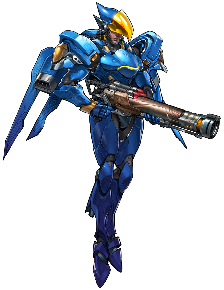 1girl absurdres arnold_tsang covered_eyes facial_tattoo floating full_body gun helmet helmet_over_eyes highres official_art overwatch pharah_(overwatch) power_armor simple_background solo tattoo transparent_background weapon