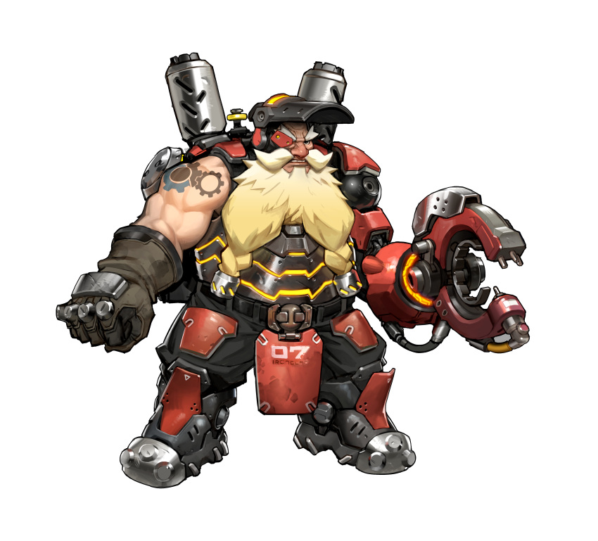 1boy absurdres arnold_tsang beard blonde_hair clenched_teeth cyborg facial_hair forked_beard full_body gloves highres male_focus mask_on_head muscle official_art overwatch simple_background solo standing teeth torbjorn_(overwatch) transparent_background welding_mask