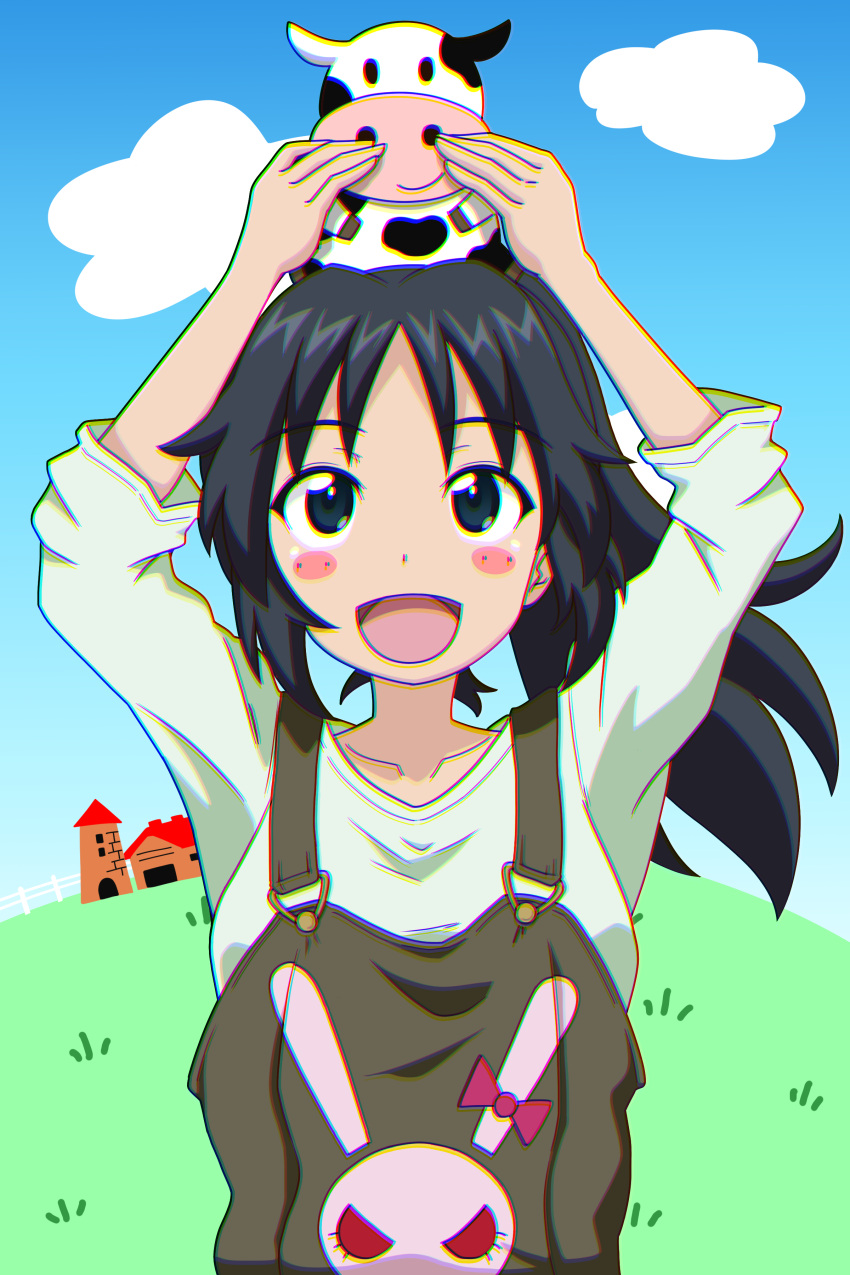 1girl :d absurdres alternate_hairstyle animal_on_head arms_up bangs barn black_eyes black_hair blue_sky blush_stickers brown_overalls clouds cloudy_sky commentary cow day emblem freckles girls_und_panzer gogopaint green_shirt hair_up highres long_hair long_sleeves looking_at_viewer official_alternate_costume on_head open_mouth outdoors overalls ponytail rabbit shirt sky smile solo upper_body yamagou_ayumi