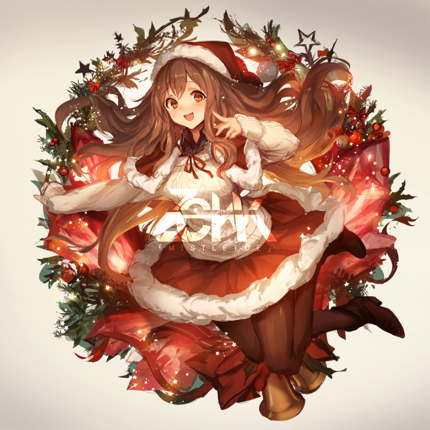 1girl bangs boots brown_eyes brown_hair capelet christmas christmas_ornaments christmas_tree eyebrows_visible_through_hair hat highres jumping lm7_(op-center) long_hair looking_at_viewer neck_ribbon open_mouth original pantyhose pointing pointing_at_self ribbon santa_costume santa_hat shirt simple_background skirt sleeves_past_wrists sweater