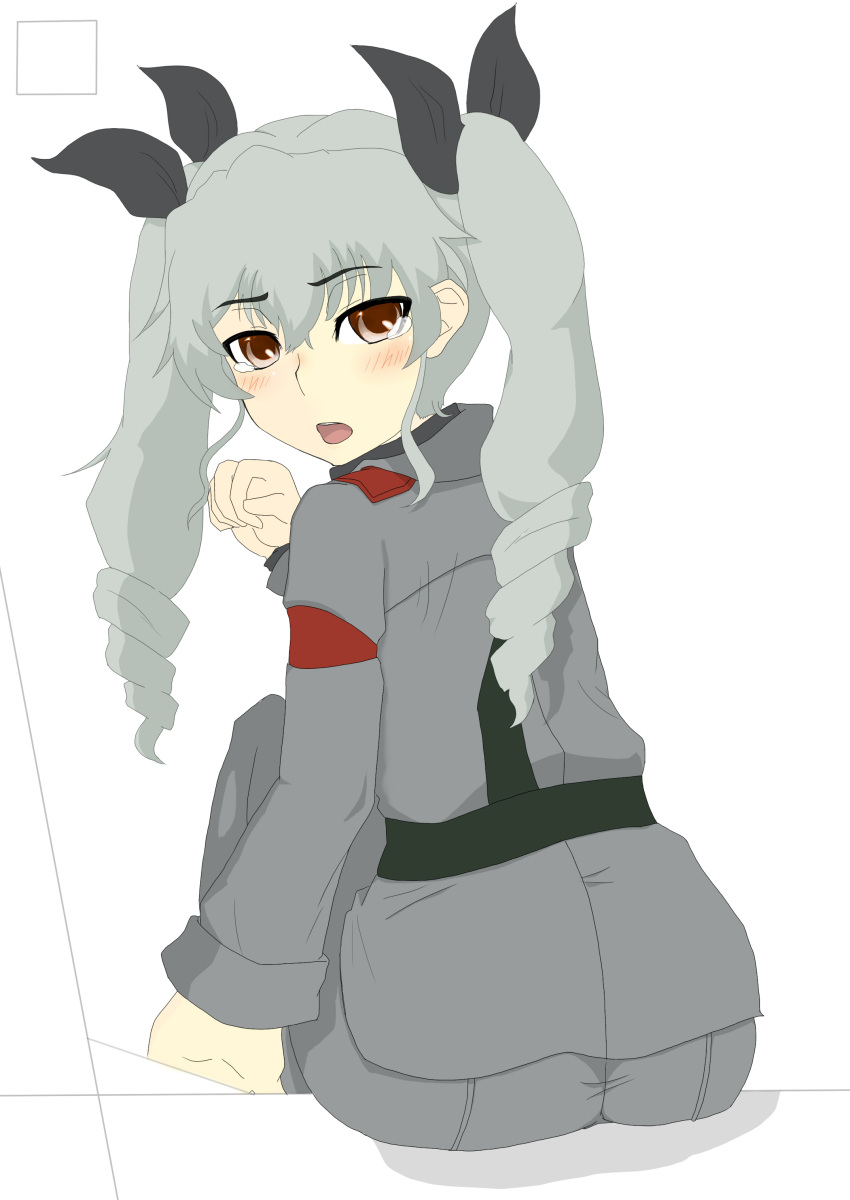 1girl anchovy ass blush brown_eyes drill_hair female from_behind girls_und_panzer grey_hair hair_ribbon long_hair looking_at_viewer looking_back military military_uniform open_mouth ribbon shichisaburo sitting solo tears twin_drills twintails uniform white_background