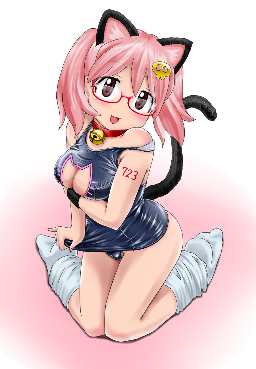 1girl animal_ears bad_id bell bespectacled blush breasts brown_eyes cat_cutout cat_ears cat_tail cleavage cleavage_cutout eyebrows eyebrows_visible_through_hair glasses highres hinata_natsumi jingle_bell kazu-chan keroro_gunsou looking_at_viewer open_mouth pink_hair red-framed_eyewear red-framed_glasses red_eyes school_swimsuit short_hair smile solo swimsuit tail twintails