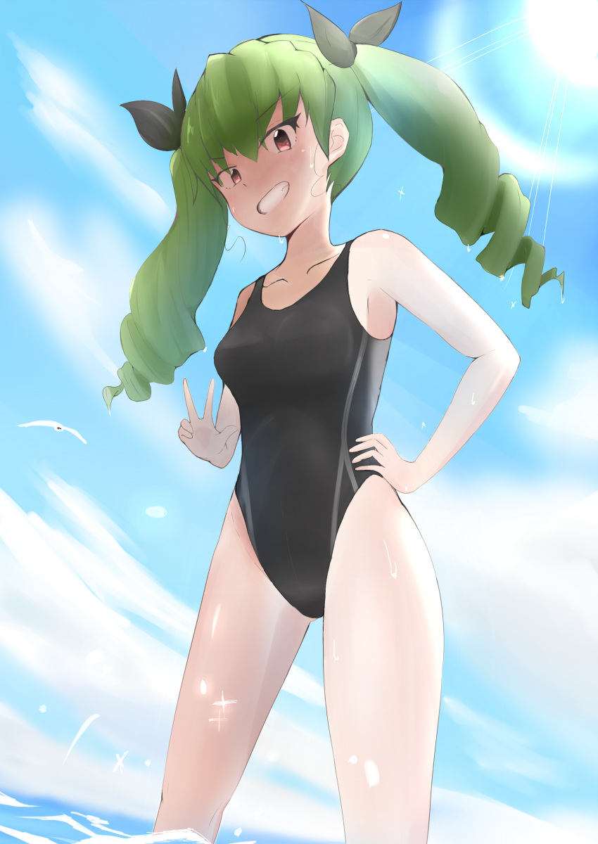 1girl absurdres anchovy competition_swimsuit drill_hair gin_nyaga girls_und_panzer green_hair grin highres long_hair one-piece_swimsuit red_eyes smile solo standing swimsuit twin_drills twintails