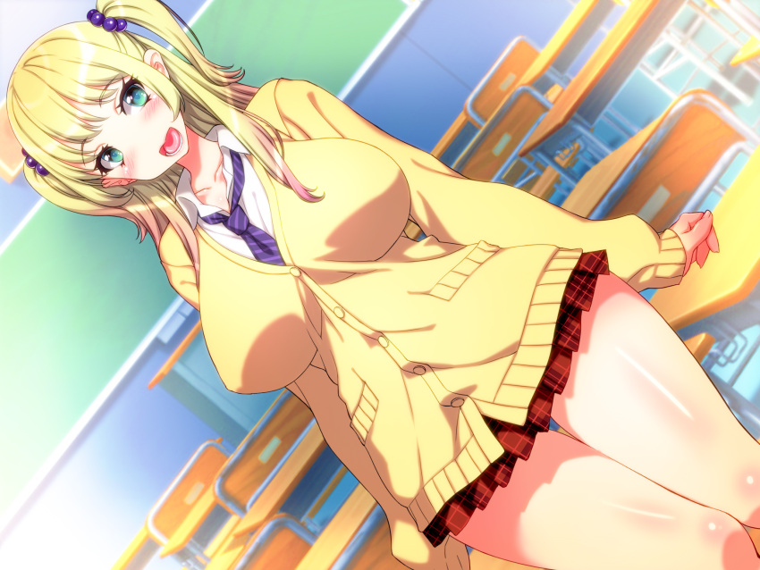1girl blazer blonde_hair blush breasts chair chalkboard classroom collared_shirt dutch_angle eyebrows eyebrows_visible_through_hair green_eyes happy highres indoors large_breasts legs long_hair long_sleeves looking_at_viewer nabesekizaiten necktie open_mouth original school_uniform shiny shiny_hair shiny_skin skirt smile solo standing thighs twintails