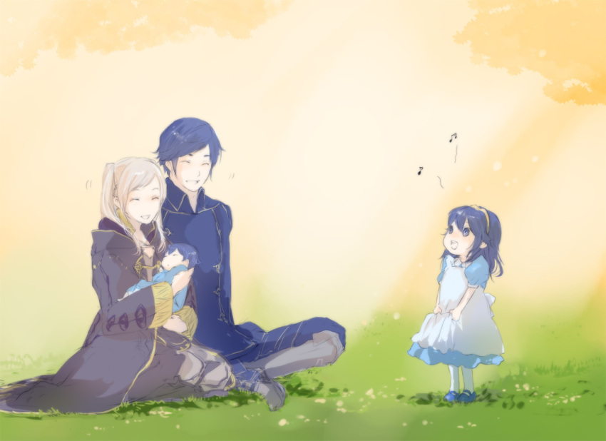 2boys 2girls baby blue_hair family father_and_daughter fire_emblem fire_emblem:_kakusei husband_and_wife koshi00x krom lucina mark_(fire_emblem) mother_and_son multiple_boys multiple_girls music my_unit_(fire_emblem:_kakusei) silver_hair singing sitting tiara